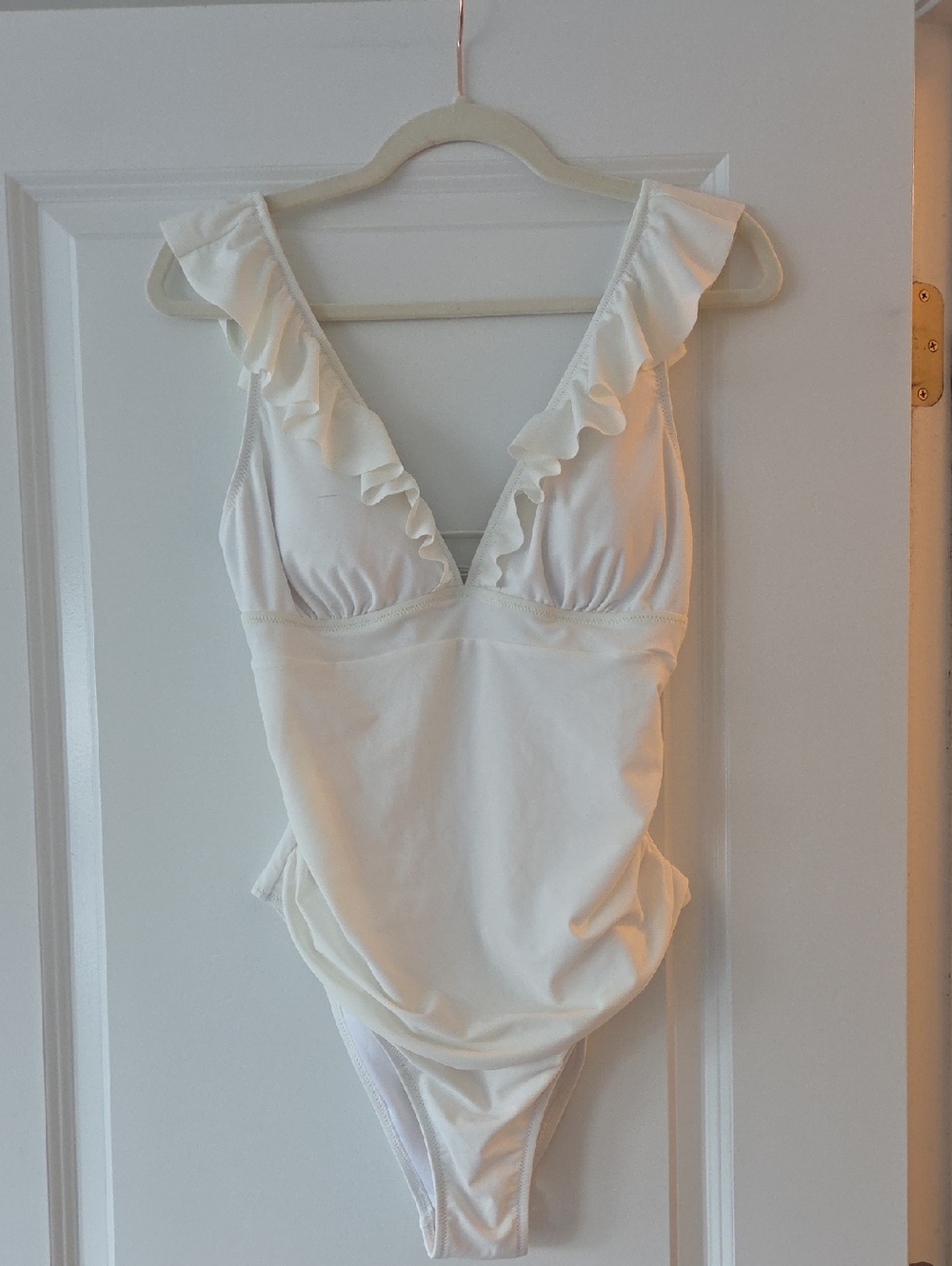 Ruffled V-Neck One-Piece Swimsuit - Cream